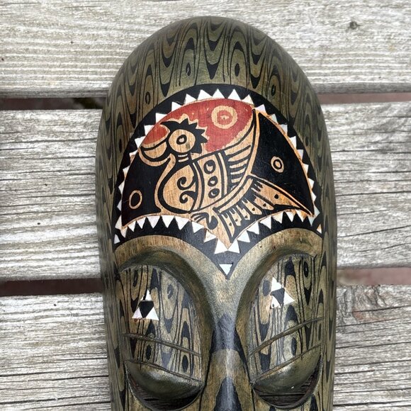 Vintage Indonesian Wood Mask Lot Hand Carved Tribal Art Painted Face Green Red - Picture 4 of 7